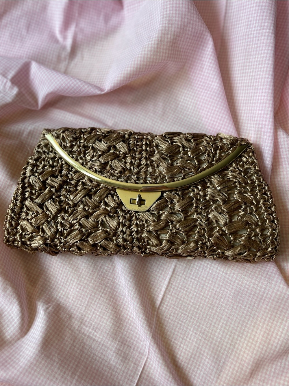 Vintage Woven Rattan Metallic Gold Evening Clutch Bag made in Japan